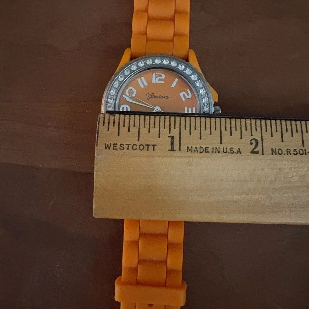 Geneva Platinum Orange Dial Crystal Bezel & Orange Rubber Band Watch